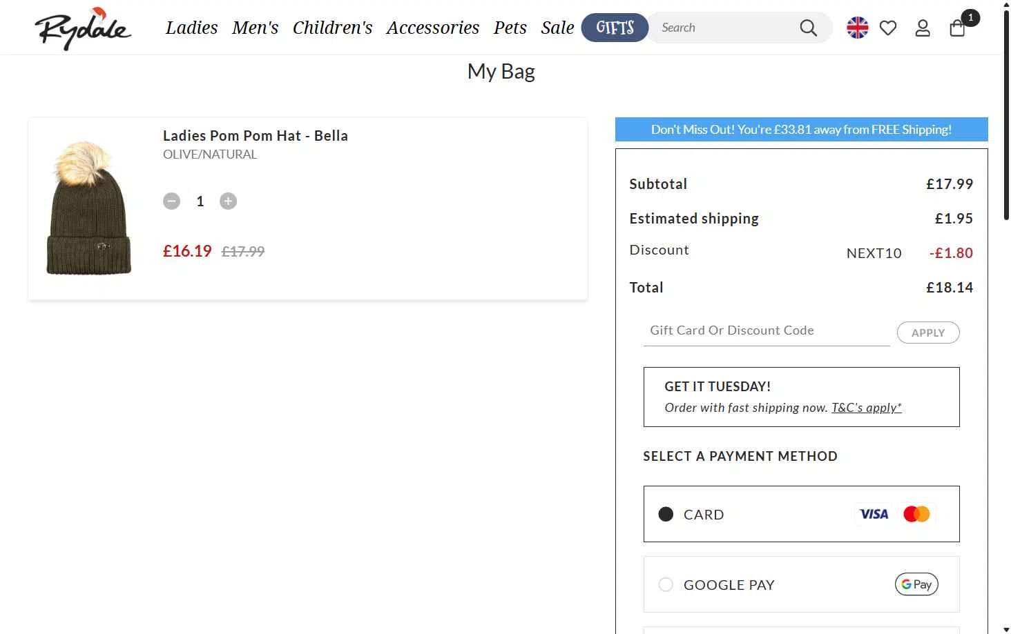 Rydale checkout page showing Rydale discount code box | Screenshot taken by SimplyCodes community member on Dec 21, 2025