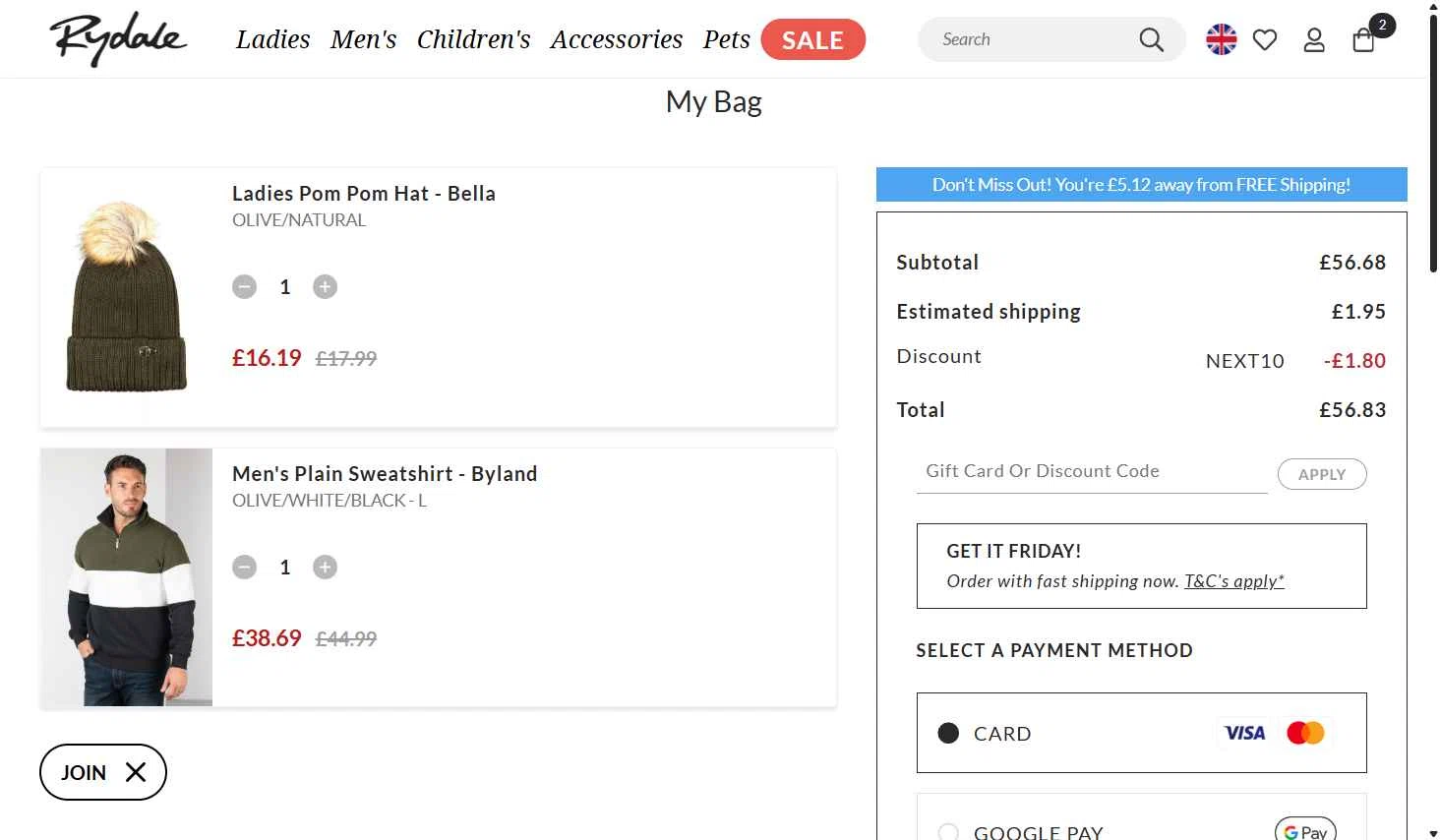 Rydale checkout page showing Rydale discount code box | Screenshot taken by SimplyCodes community member on Feb 11, 2026