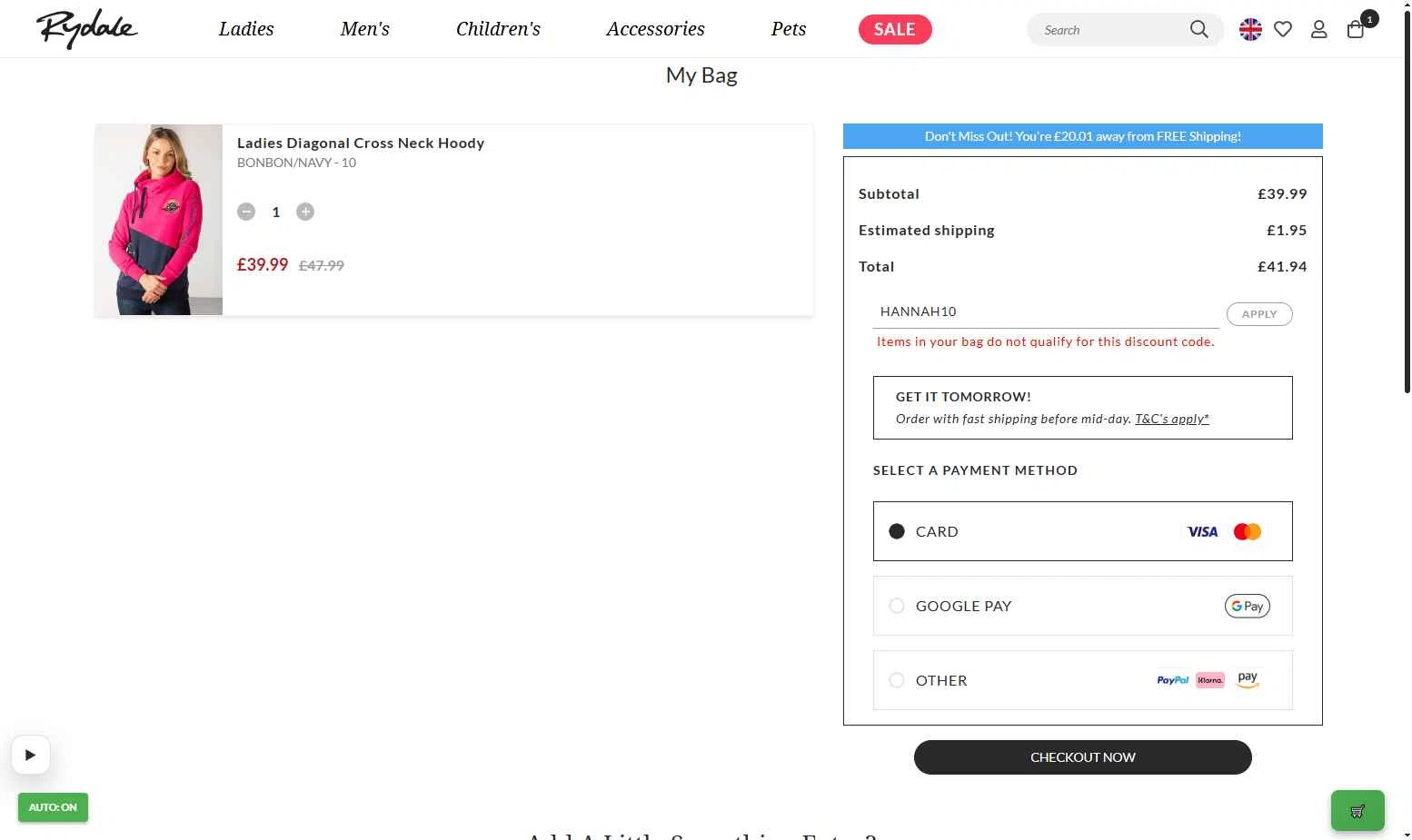 Rydale checkout page showing Rydale discount code box | Screenshot taken by SimplyCodes community member on Jan 14, 2026