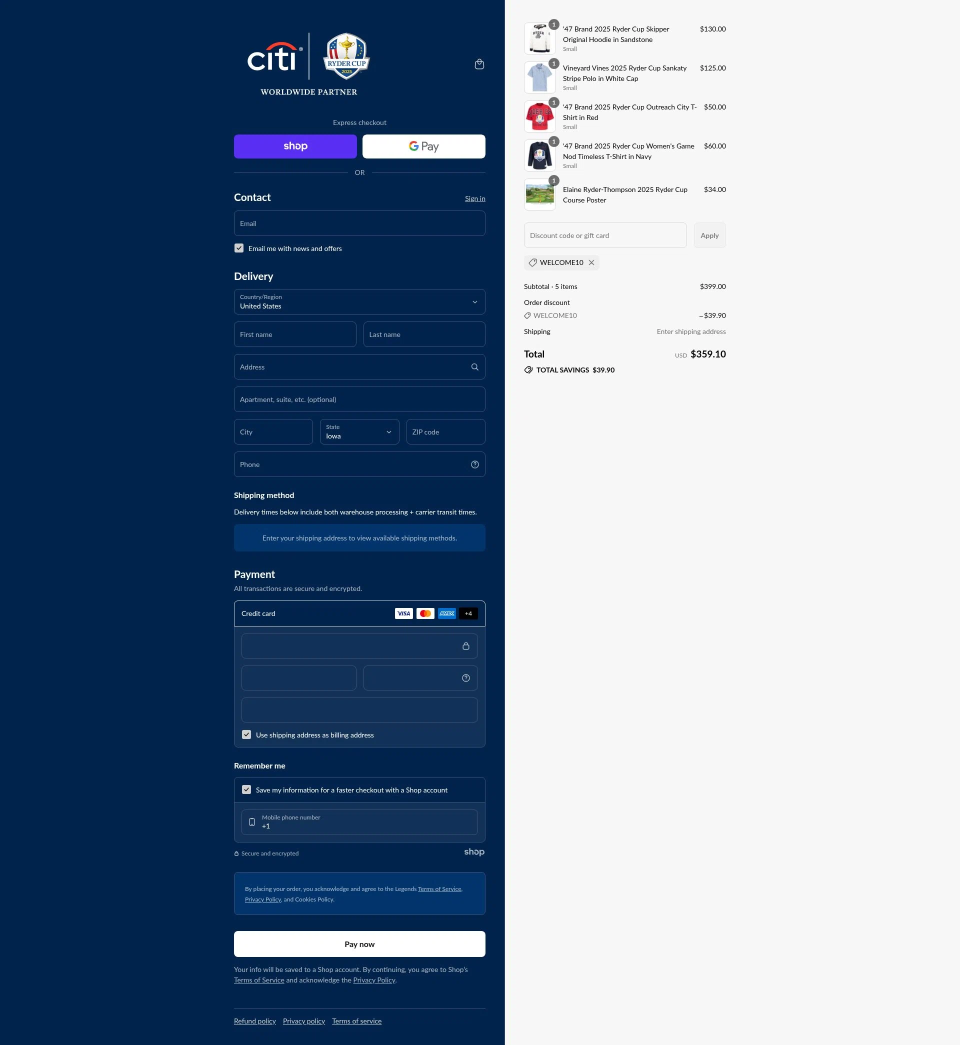Ryder Cup US checkout page showing Ryder Cup US promo code box | Screenshot taken by SimplyCodes community member on Sep 17, 2025
