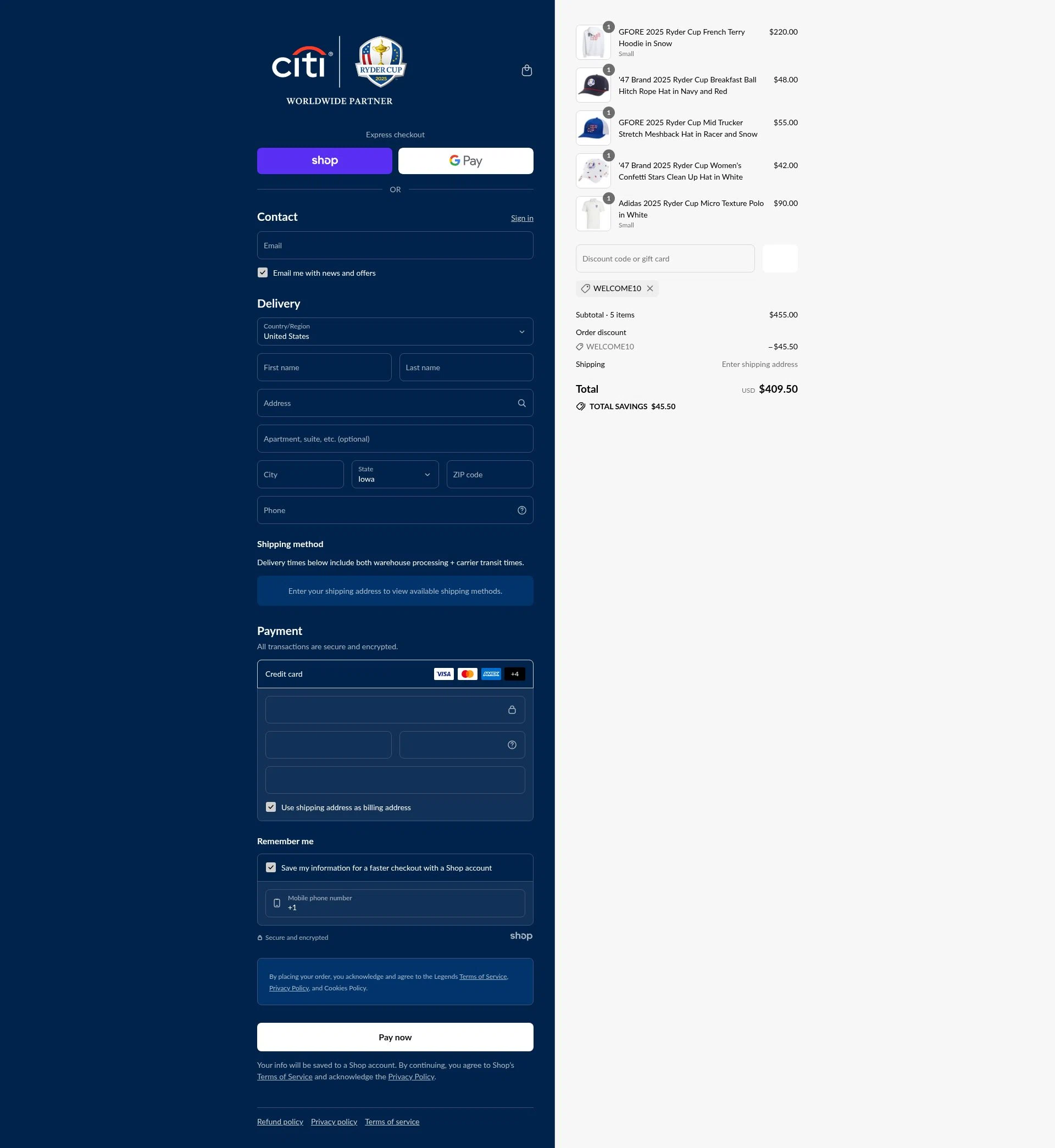 Ryder Cup US checkout page showing Ryder Cup US promo code box | Screenshot taken by SimplyCodes community member on Sep 13, 2025