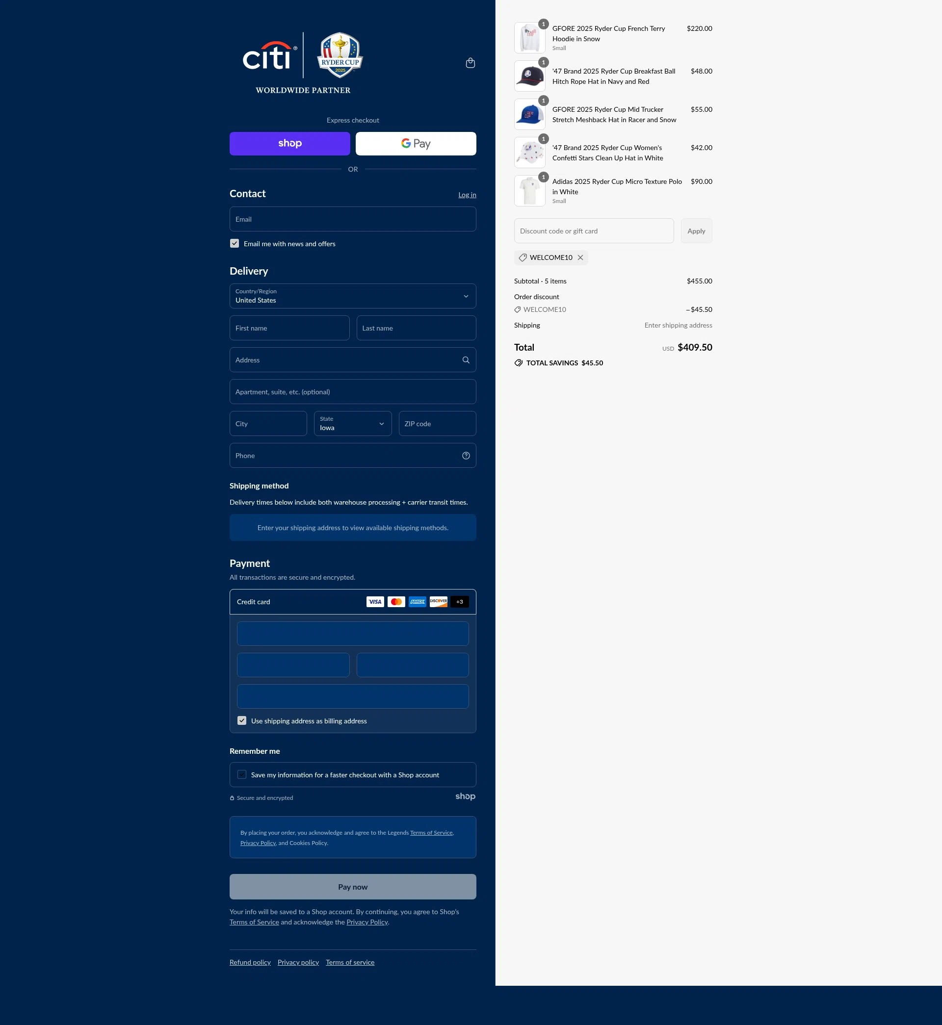 Ryder Cup US checkout page showing Ryder Cup US promo code box | Screenshot taken by SimplyCodes community member on Sep 9, 2025