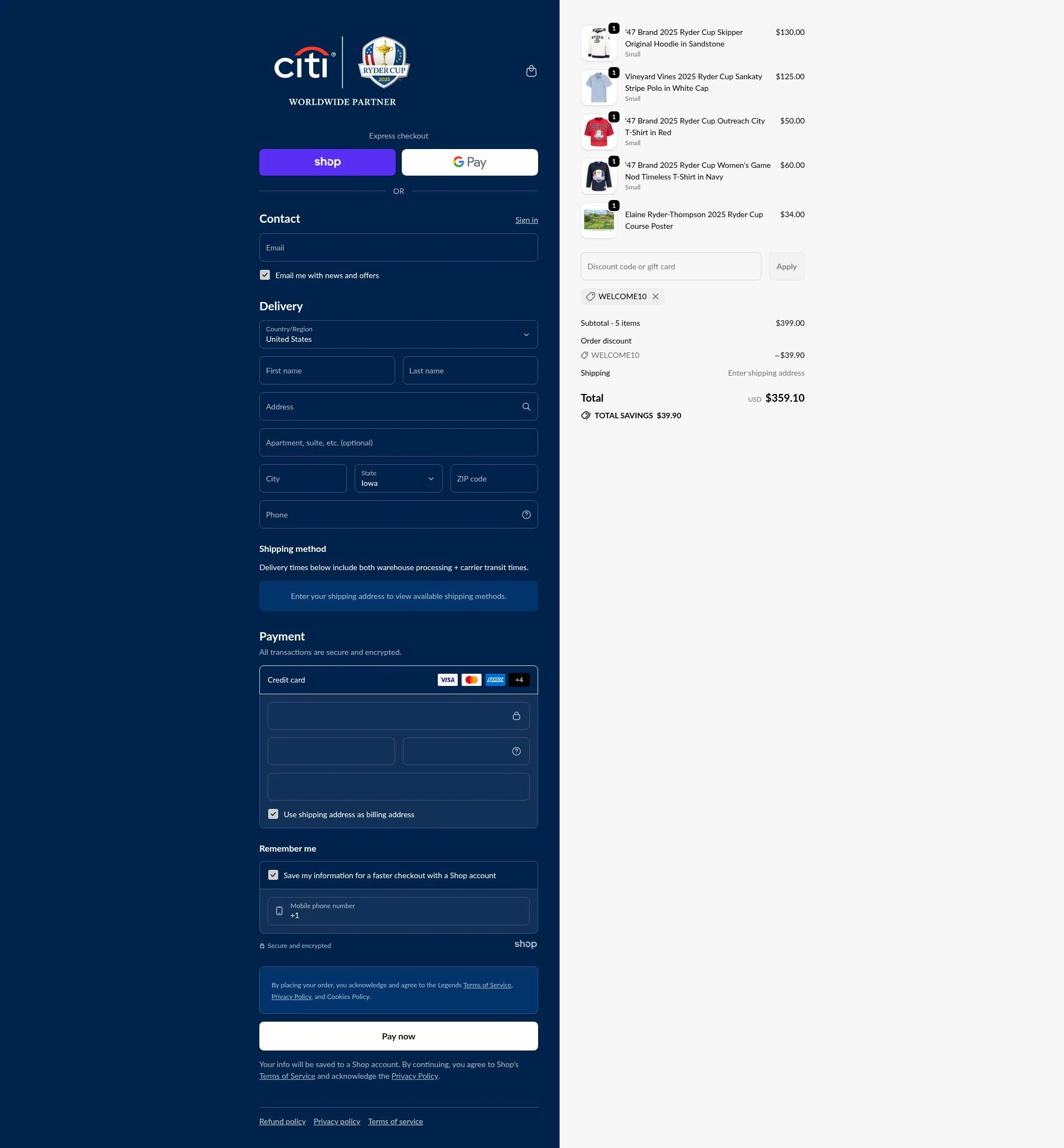 Ryder Cup US checkout page showing Ryder Cup US promo code box | Screenshot taken by SimplyCodes community member on Sep 21, 2025
