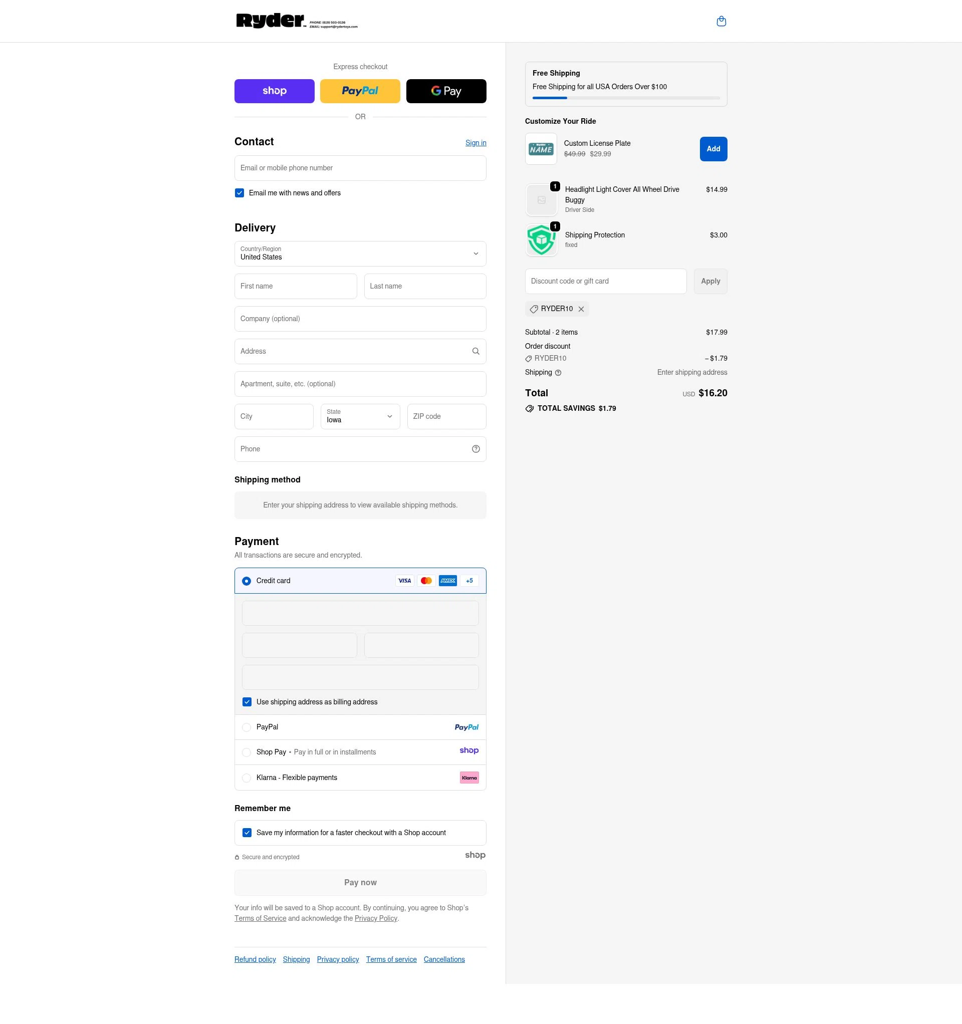 Ryder Toys checkout page showing Ryder Toys discount code box | Screenshot taken by SimplyCodes community member on Dec 10, 2025