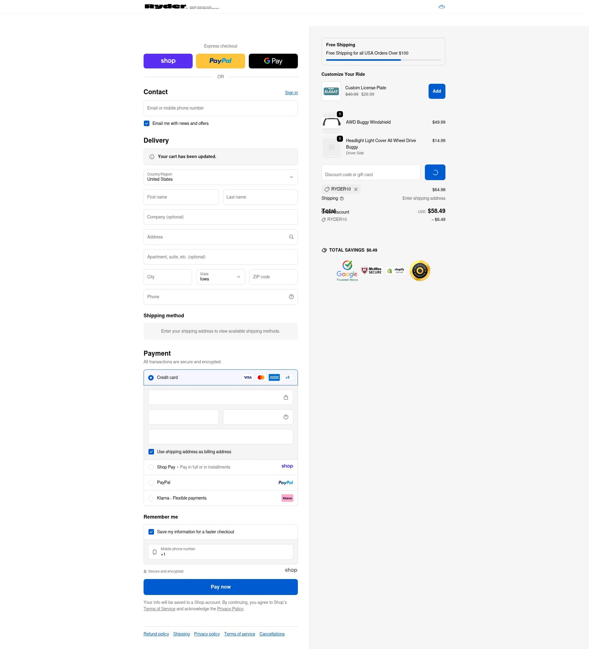 Ryder Toys checkout page showing Ryder Toys discount code box | Screenshot taken by SimplyCodes community member on Dec 23, 2025