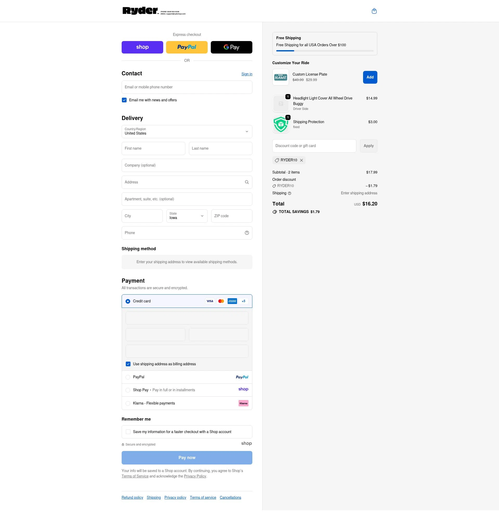 Ryder Toys checkout page showing Ryder Toys discount code box | Screenshot taken by SimplyCodes community member on Dec 5, 2025