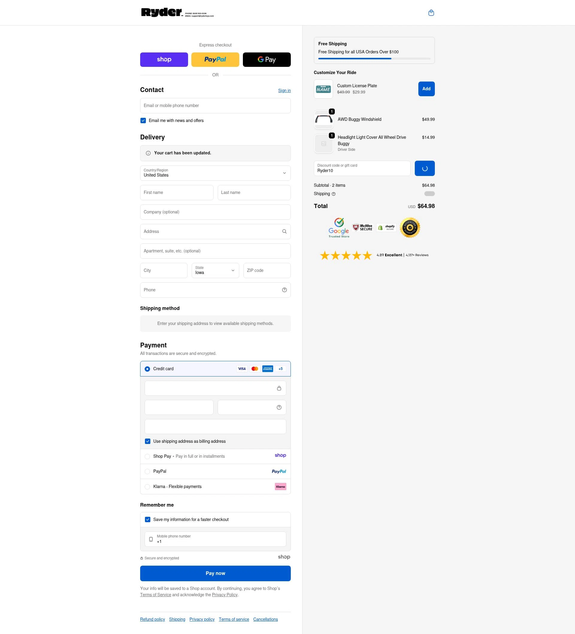 Ryder Toys checkout page showing Ryder Toys discount code box | Screenshot taken by SimplyCodes community member on Jan 2, 2026