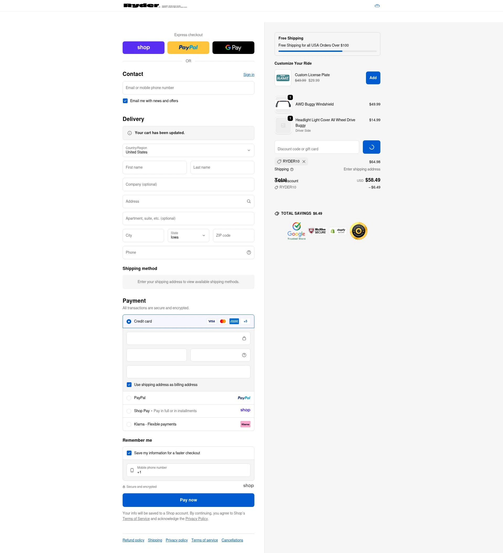 Ryder Toys checkout page showing Ryder Toys discount code box | Screenshot taken by SimplyCodes community member on Dec 16, 2025