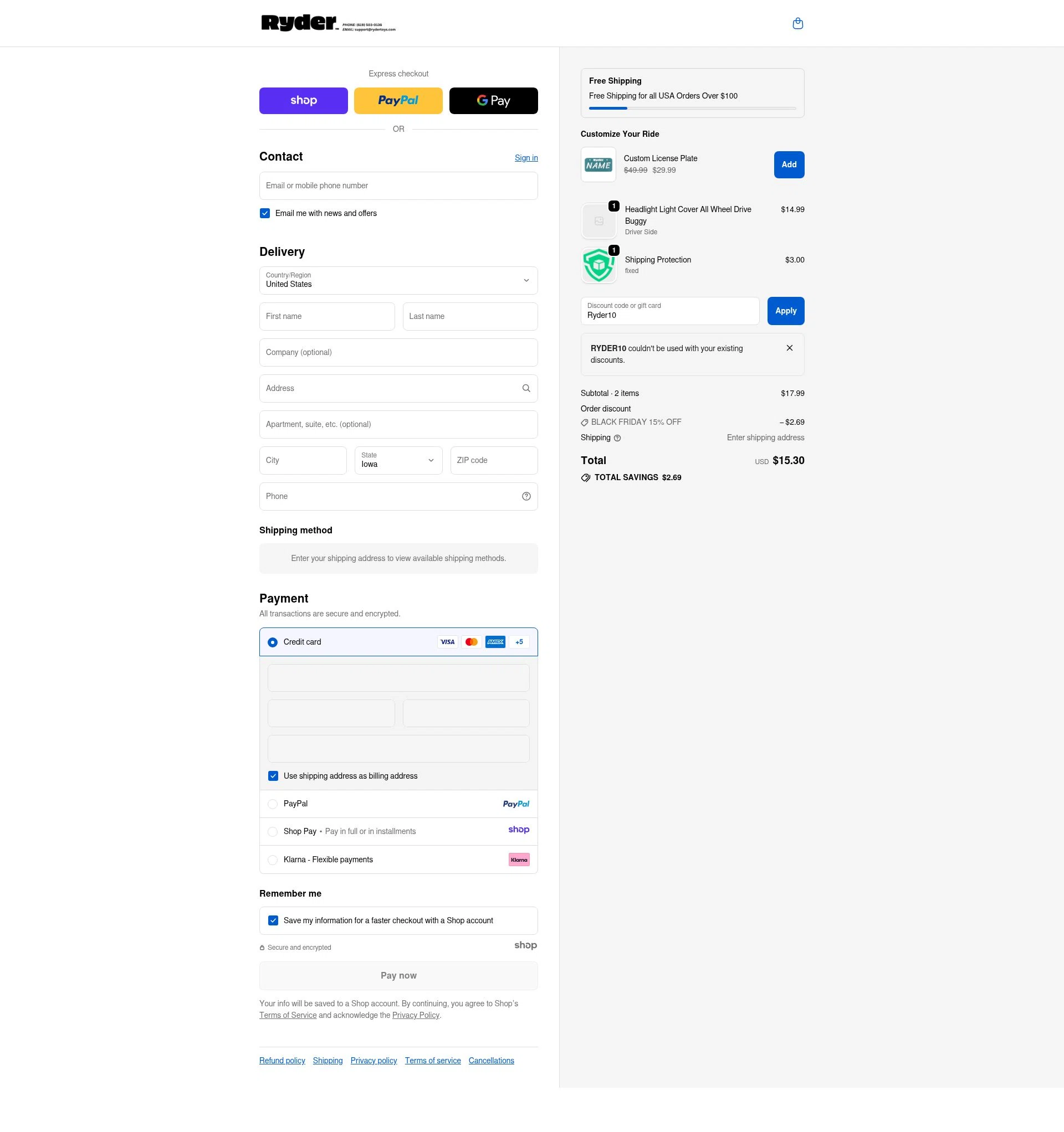 Ryder Toys checkout page showing Ryder Toys discount code box | Screenshot taken by SimplyCodes community member on Nov 29, 2025