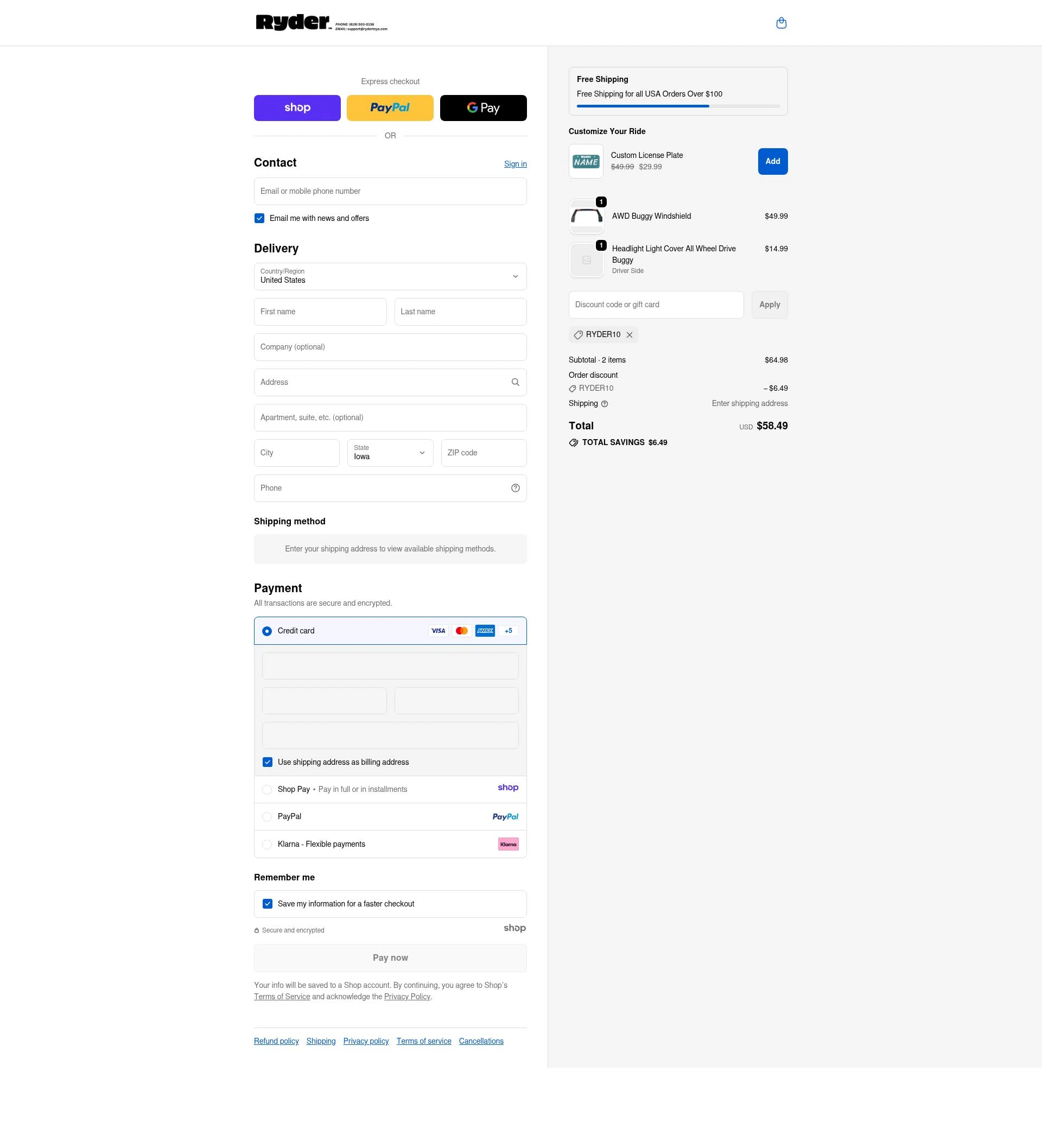 Ryder Toys checkout page showing Ryder Toys discount code box | Screenshot taken by SimplyCodes community member on Jan 7, 2026