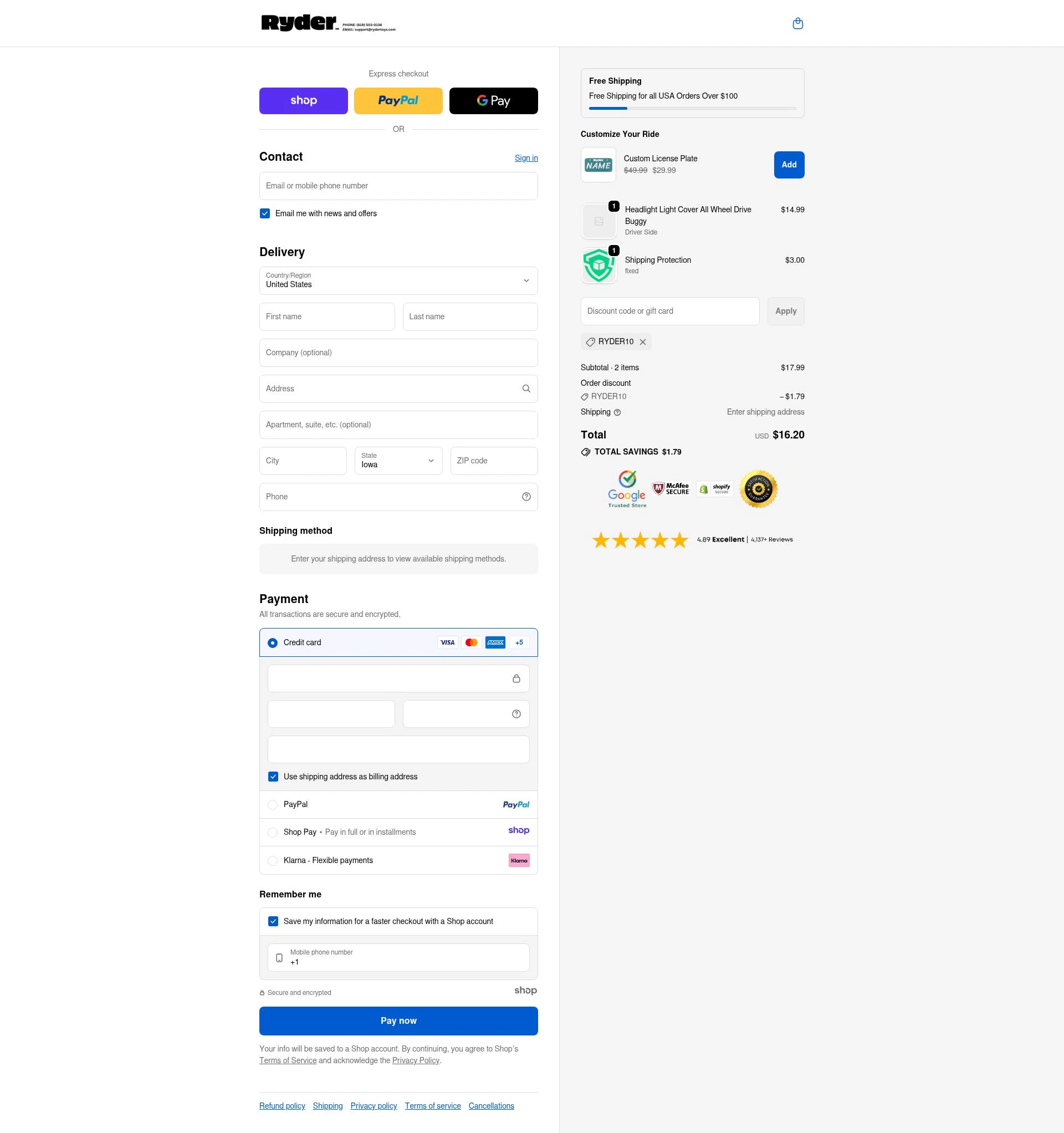 Ryder Toys checkout page showing Ryder Toys discount code box | Screenshot taken by SimplyCodes community member on Nov 19, 2025