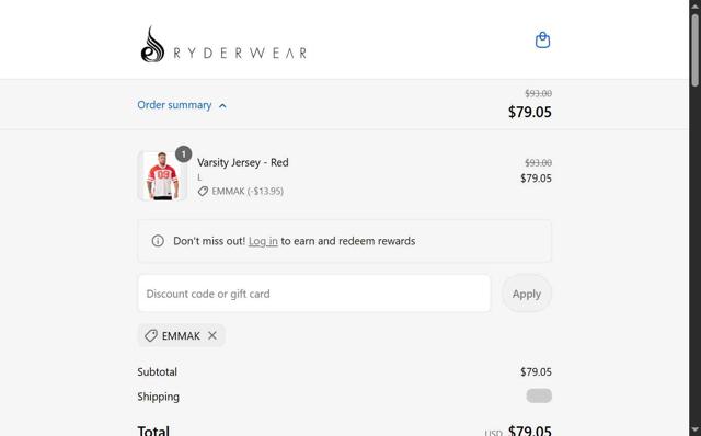 Ryderwear checkout page showing Ryderwear discount code box | Screenshot taken by SimplyCodes community member on Sep 12, 2025