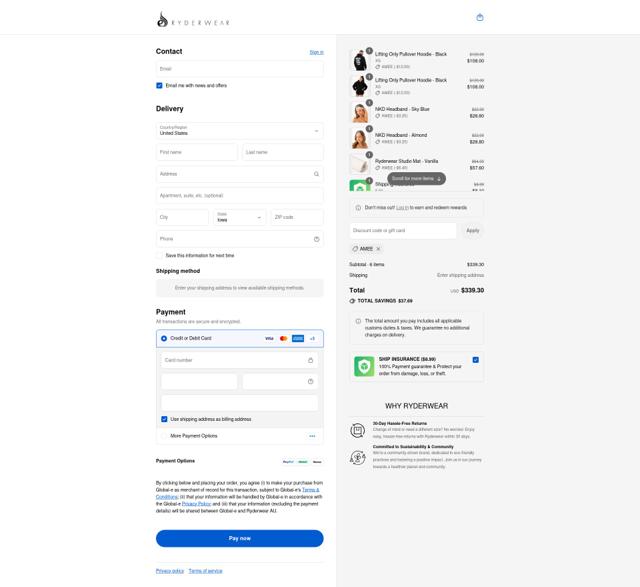 Ryderwear checkout page showing Ryderwear discount code box | Screenshot taken by SimplyCodes community member on Sep 12, 2025