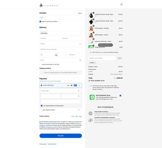 Ryderwear checkout page showing Ryderwear discount code box | Screenshot taken by SimplyCodes community member on Sep 12, 2025