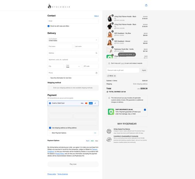 Ryderwear checkout page showing Ryderwear discount code box | Screenshot taken by SimplyCodes community member on Sep 12, 2025