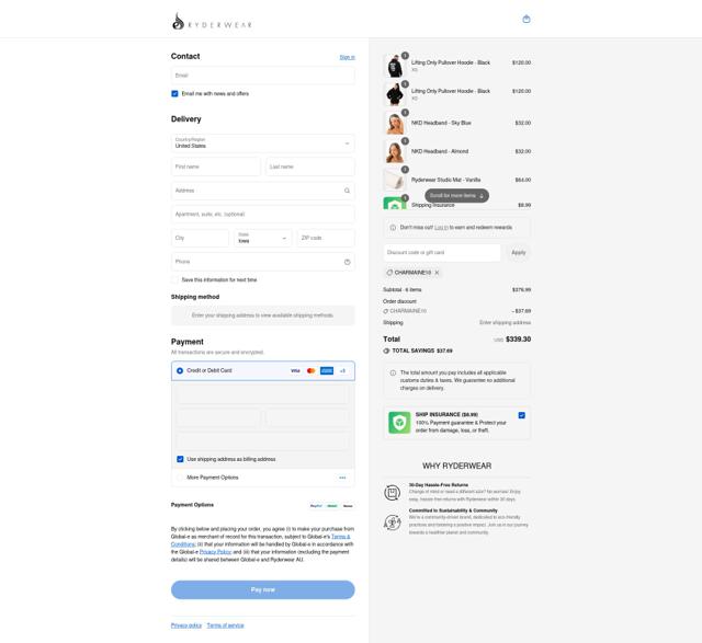 Ryderwear checkout page showing Ryderwear discount code box | Screenshot taken by SimplyCodes community member on Sep 12, 2025