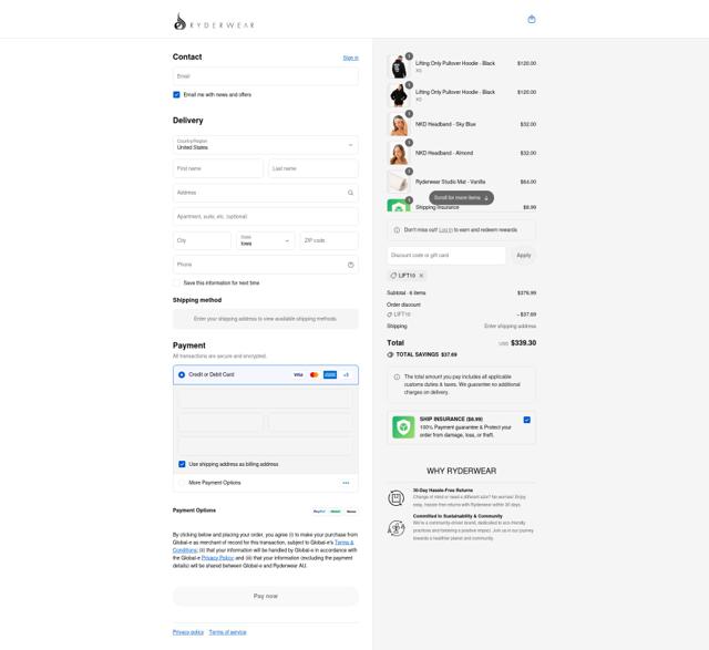 Ryderwear checkout page showing Ryderwear discount code box | Screenshot taken by SimplyCodes community member on Sep 12, 2025