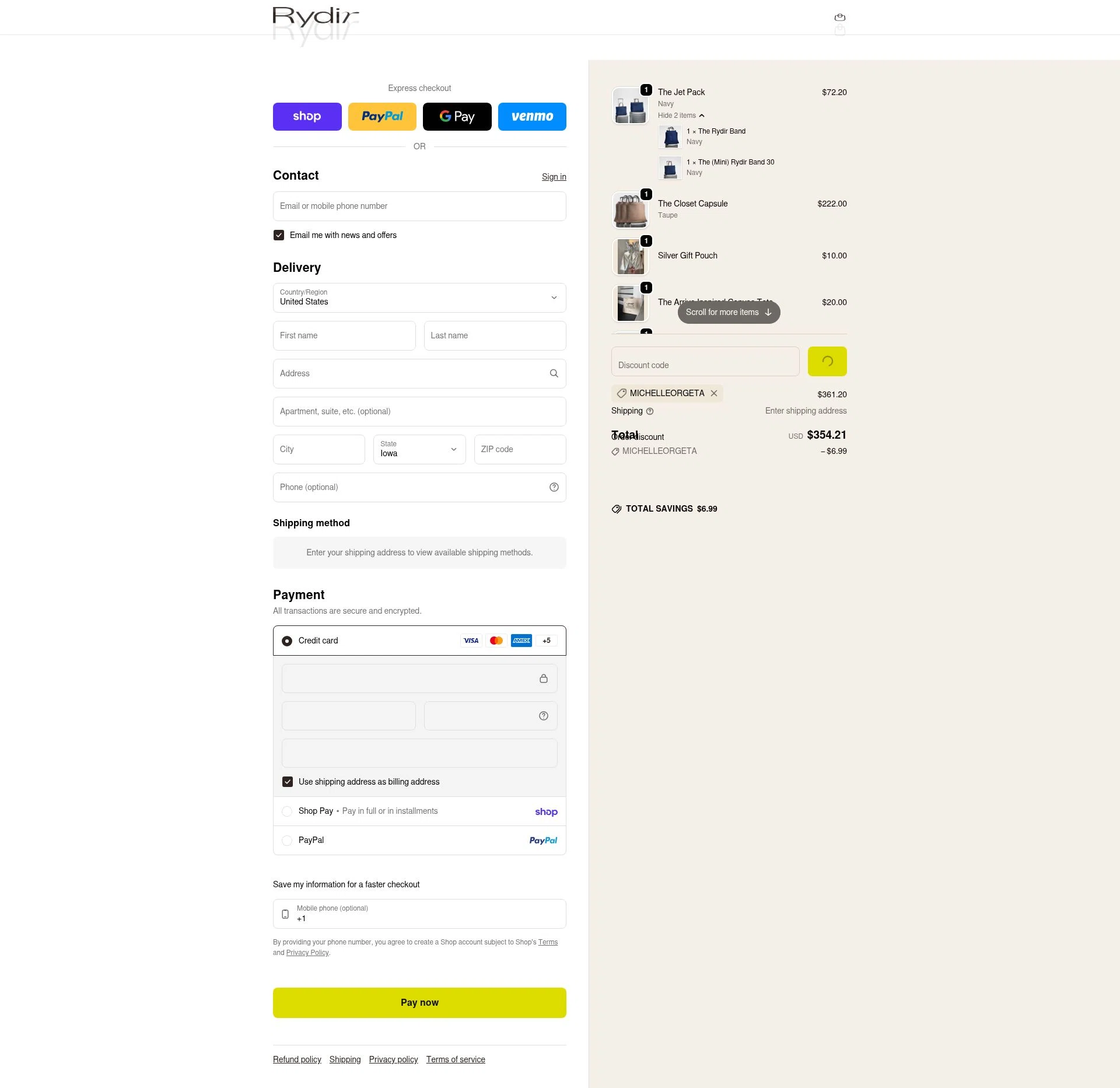 RYDIR checkout page showing RYDIR discount code box | Screenshot taken by SimplyCodes community member on Jan 31, 2026