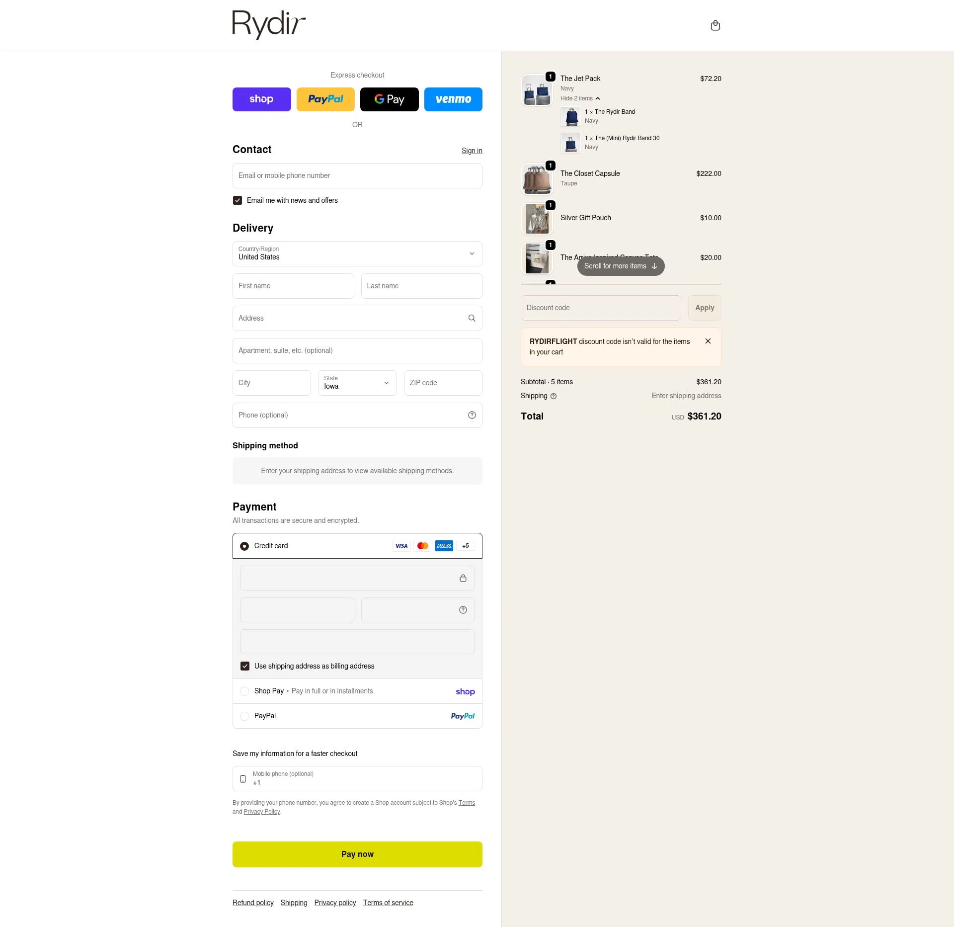 RYDIR checkout page showing RYDIR discount code box | Screenshot taken by SimplyCodes community member on Feb 4, 2026