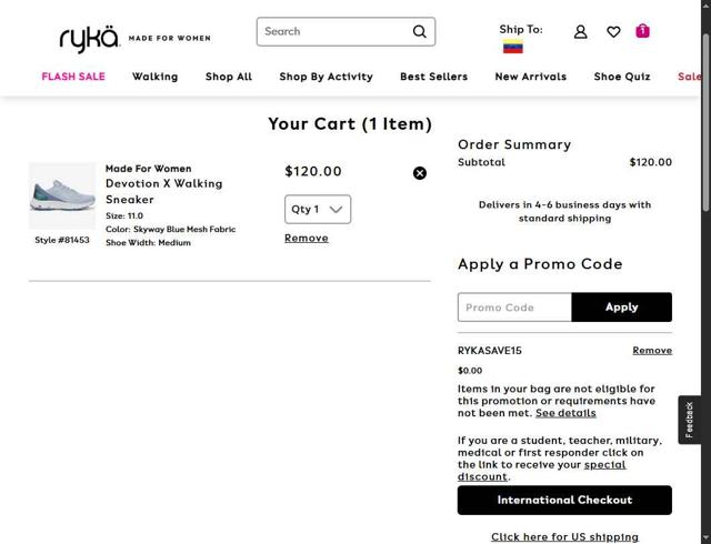 Ryka checkout page showing Ryka promo code box | Screenshot taken by SimplyCodes community member on Aug 28, 2025