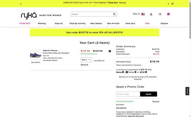 Ryka checkout page showing Ryka promo code box | Screenshot taken by SimplyCodes community member on Aug 28, 2025