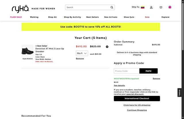 Ryka checkout page showing Ryka promo code box | Screenshot taken by SimplyCodes community member on Aug 28, 2025