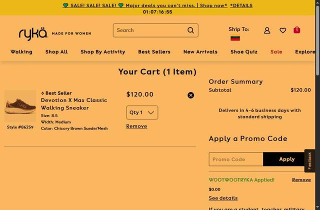 Ryka checkout page showing Ryka promo code box | Screenshot taken by SimplyCodes community member on Aug 10, 2025