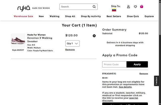 Ryka checkout page showing Ryka promo code box | Screenshot taken by SimplyCodes community member on Jul 8, 2025