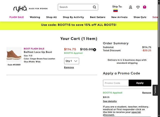 Ryka checkout page showing Ryka promo code box | Screenshot taken by SimplyCodes community member on Aug 27, 2025