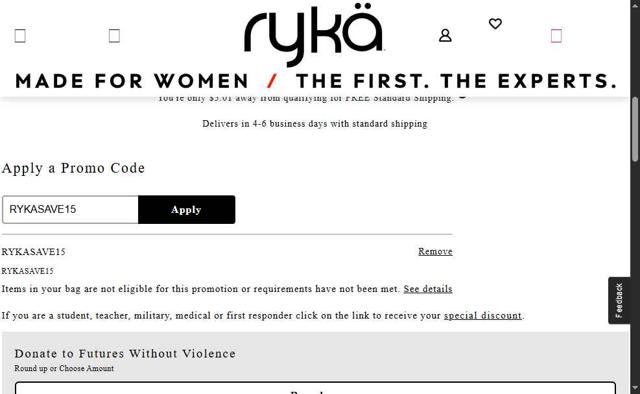 Ryka checkout page showing Ryka promo code box | Screenshot taken by SimplyCodes community member on Jul 8, 2025