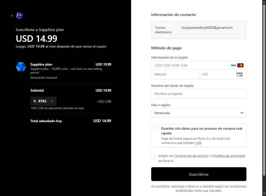 Ryne AI checkout page showing Ryne AI promo code box | Screenshot taken by SimplyCodes community member on Dec 31, 2025