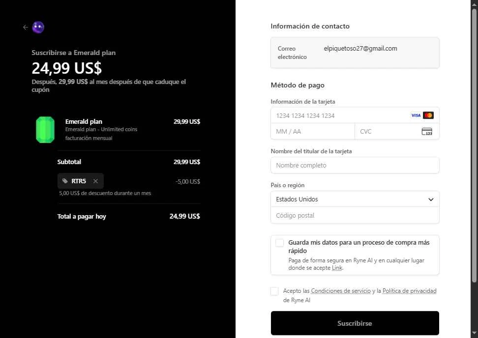 Ryne AI checkout page showing Ryne AI promo code box | Screenshot taken by SimplyCodes community member on Nov 3, 2025