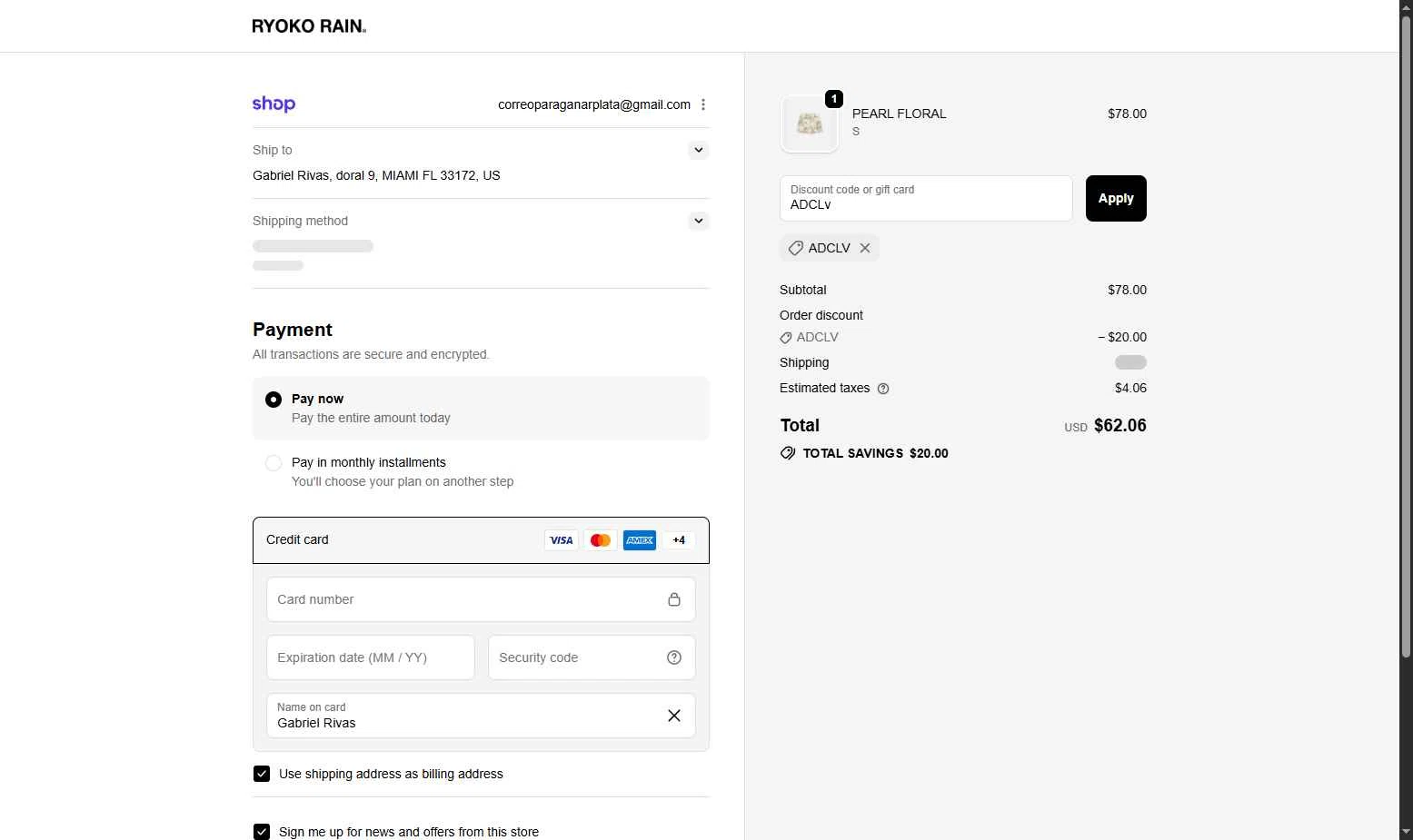 Ryoko Rain checkout page showing Ryoko Rain discount code box | Screenshot taken by SimplyCodes community member on Jan 20, 2026