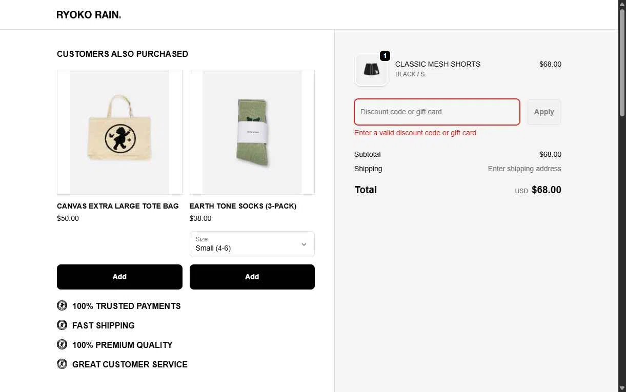 Ryoko Rain checkout page showing Ryoko Rain discount code box | Screenshot taken by SimplyCodes community member on Jan 20, 2026
