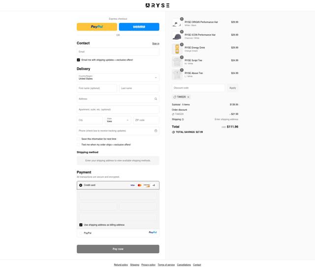 Ryse Supplements checkout page showing Ryse Supplements discount code box | Screenshot taken by SimplyCodes community member on Sep 11, 2025