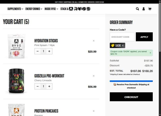 Ryse Supplements checkout page showing Ryse Supplements discount code box | Screenshot taken by SimplyCodes community member on Sep 13, 2025
