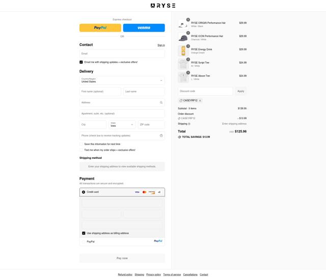 Ryse Supplements checkout page showing Ryse Supplements discount code box | Screenshot taken by SimplyCodes community member on Sep 11, 2025