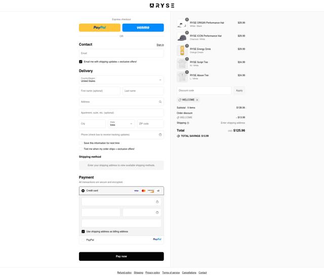 Ryse Supplements checkout page showing Ryse Supplements discount code box | Screenshot taken by SimplyCodes community member on Sep 11, 2025