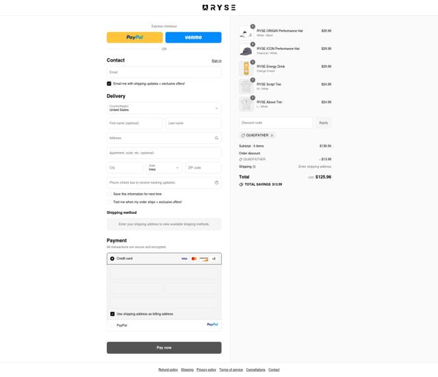Ryse Supplements checkout page showing Ryse Supplements discount code box | Screenshot taken by SimplyCodes community member on Sep 11, 2025