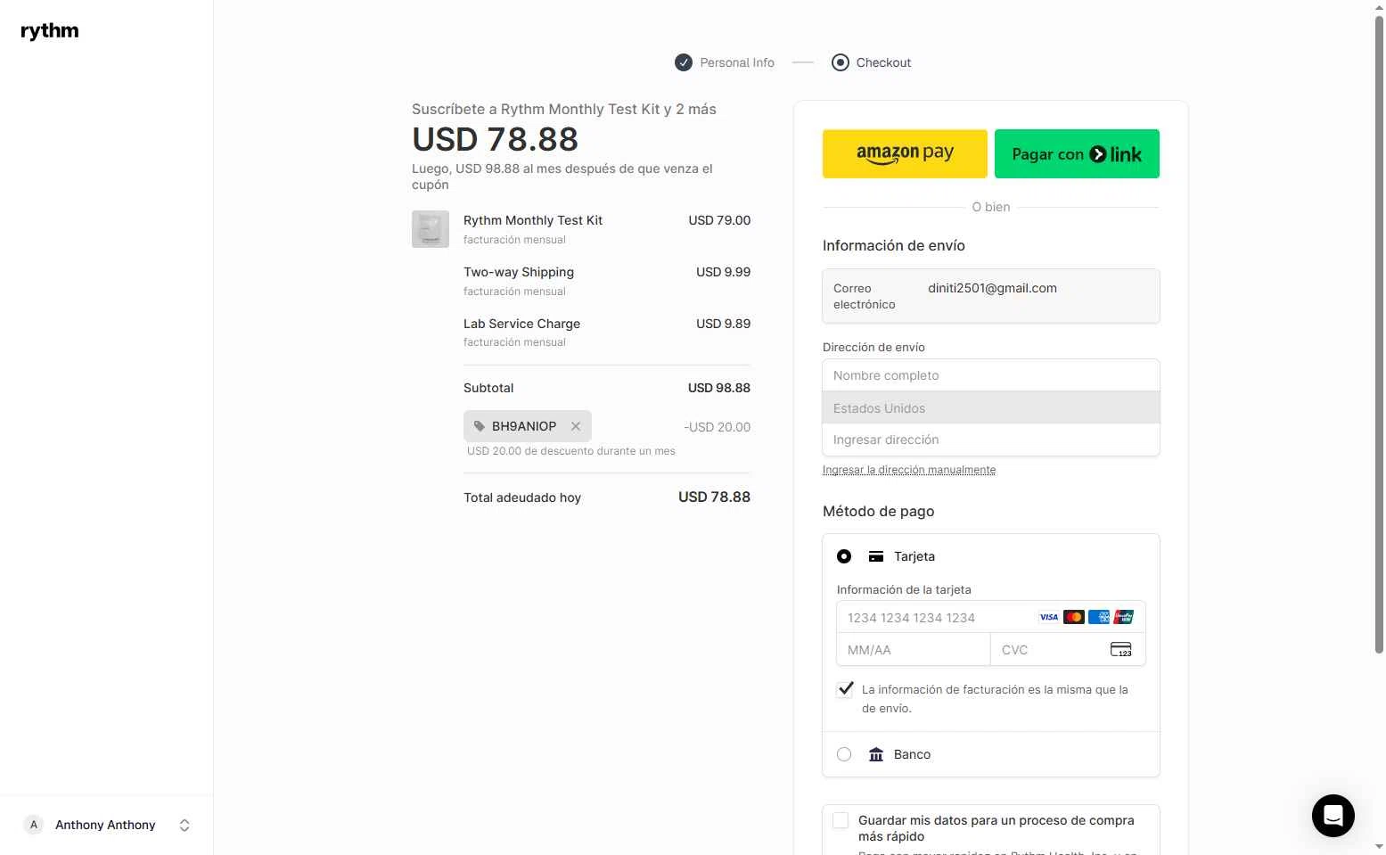 Rythm Health checkout page showing Rythm Health promo code box | Screenshot taken by SimplyCodes community member on Aug 12, 2025