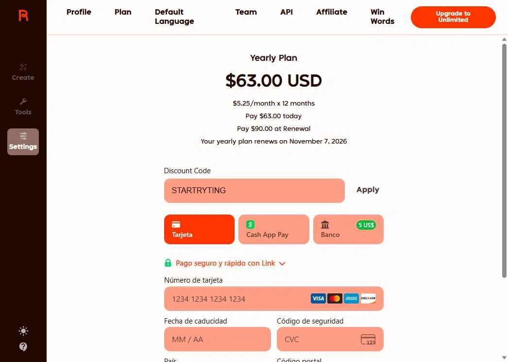 Rytr checkout page showing Rytr discount code box | Screenshot taken by SimplyCodes community member on Nov 7, 2025