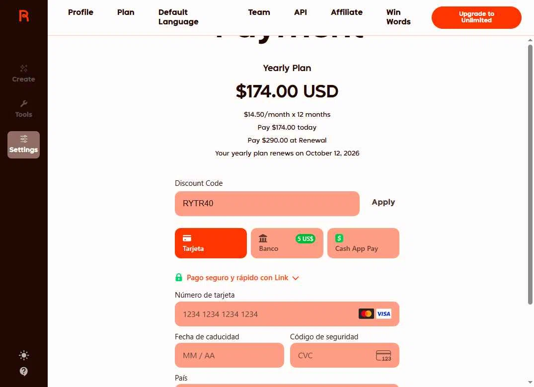 Rytr checkout page showing Rytr discount code box | Screenshot taken by SimplyCodes community member on Oct 12, 2025