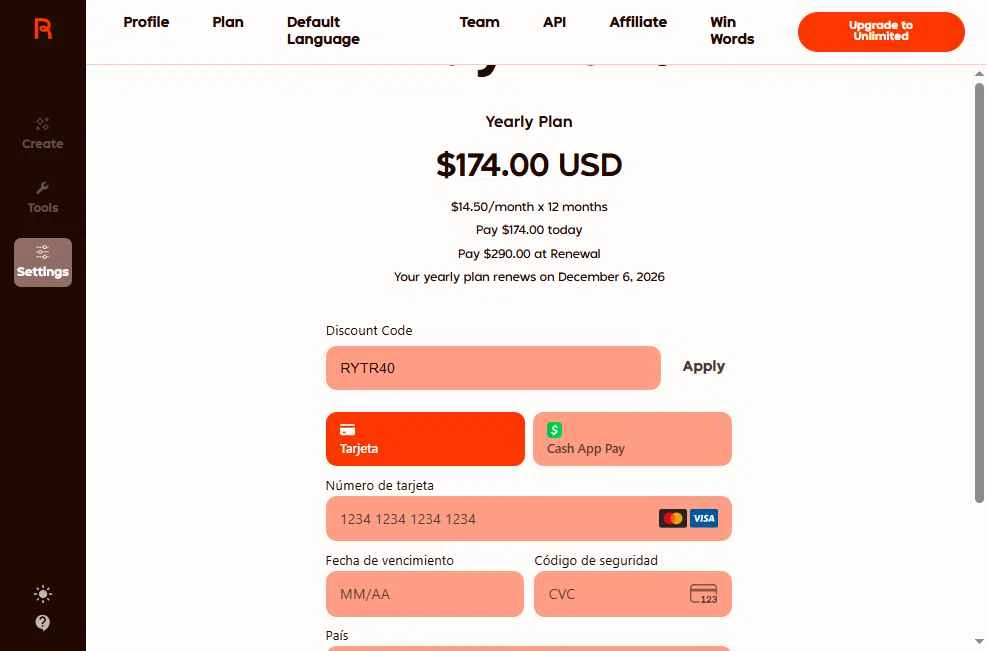 Rytr checkout page showing Rytr discount code box | Screenshot taken by SimplyCodes community member on Dec 6, 2025