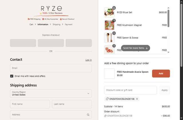 Ryze Superfoods checkout page showing Ryze Superfoods discount code box | Screenshot taken by SimplyCodes community member on Aug 31, 2025