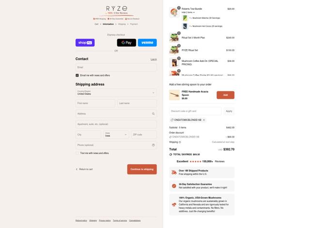 Ryze Superfoods checkout page showing Ryze Superfoods discount code box | Screenshot taken by SimplyCodes community member on Aug 9, 2025
