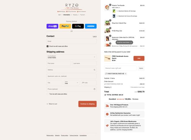 Ryze Superfoods checkout page showing Ryze Superfoods discount code box | Screenshot taken by SimplyCodes community member on Aug 5, 2025
