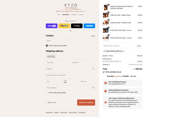 Ryze Superfoods checkout page showing Ryze Superfoods discount code box | Screenshot taken by SimplyCodes community member on Aug 23, 2025