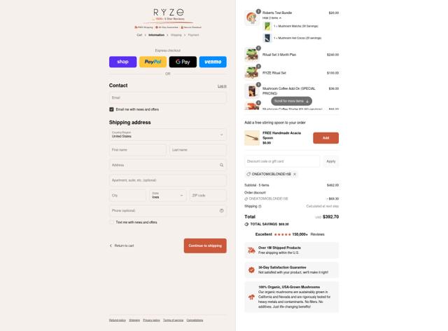 Ryze Superfoods checkout page showing Ryze Superfoods discount code box | Screenshot taken by SimplyCodes community member on Aug 13, 2025