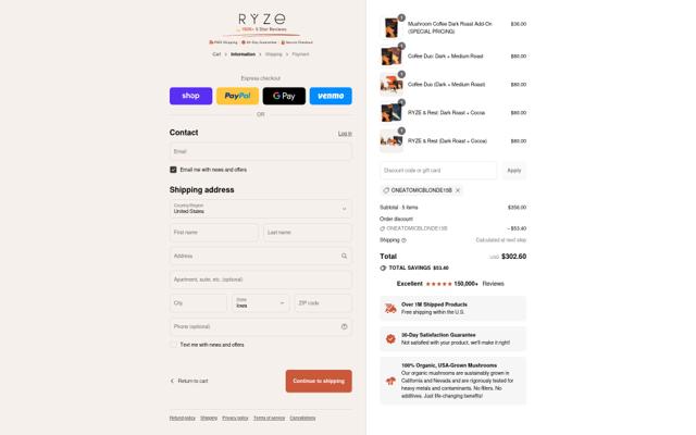 Ryze Superfoods checkout page showing Ryze Superfoods discount code box | Screenshot taken by SimplyCodes community member on Aug 31, 2025