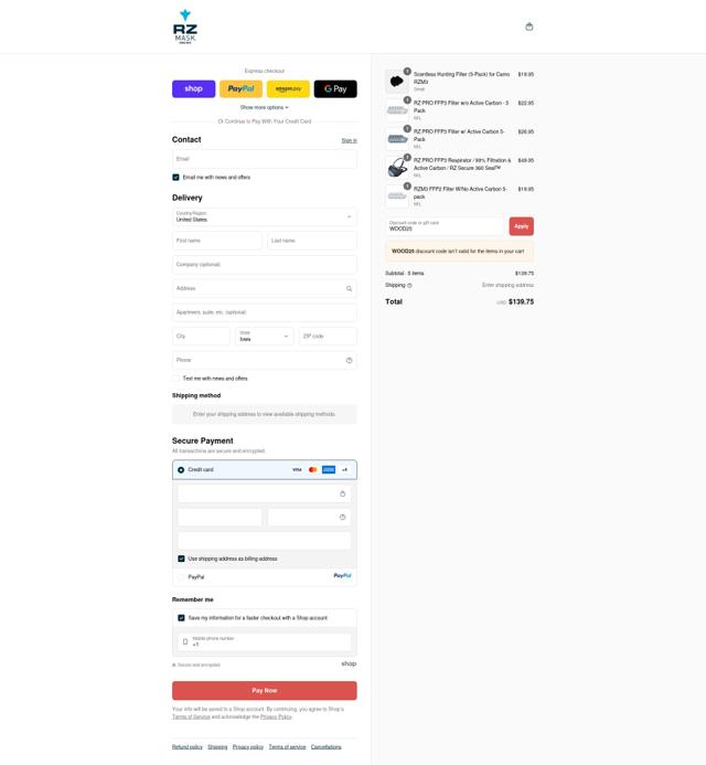 RZ Mask checkout page showing RZ Mask discount code box | Screenshot taken by SimplyCodes community member on Sep 12, 2025